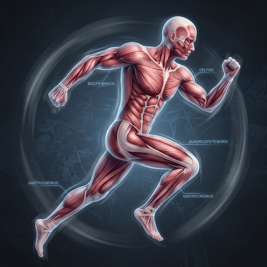 Human muscular system showing biceps brachii, deltoid, quadriceps femoris, and gastrocnemius muscles